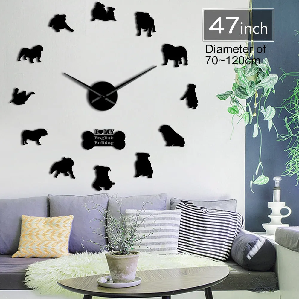 English Bulldog Home Decor Wall Clock British Bulldog Silhouettes Wall Art DIY Large Wall Clock Timepieces Big Time Wall Clock