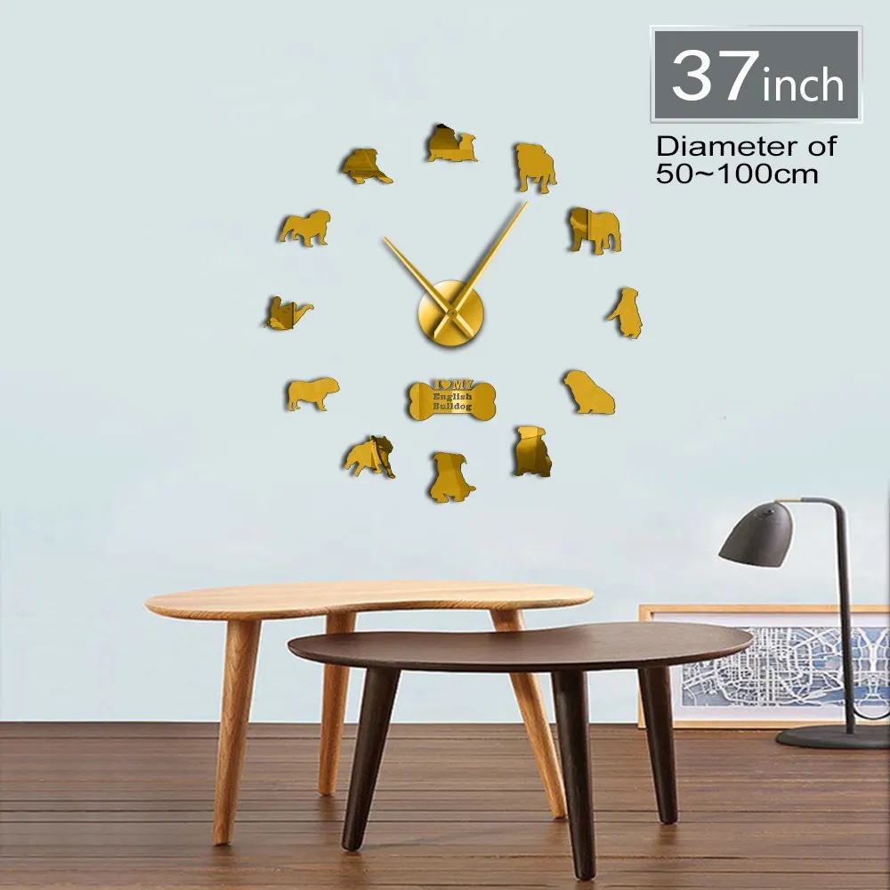 English Bulldog Home Decor Wall Clock British Bulldog Silhouettes Wall Art DIY Large Wall Clock Timepieces Big Time Wall Clock