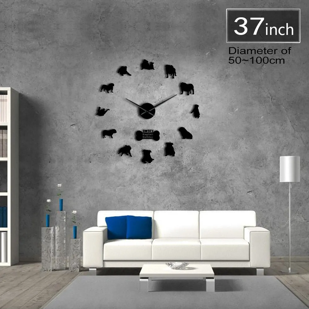 English Bulldog Home Decor Wall Clock British Bulldog Silhouettes Wall Art DIY Large Wall Clock Timepieces Big Time Wall Clock