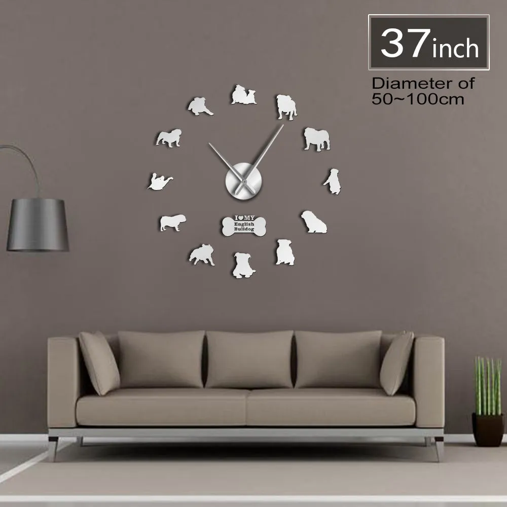 English Bulldog Home Decor Wall Clock British Bulldog Silhouettes Wall Art DIY Large Wall Clock Timepieces Big Time Wall Clock