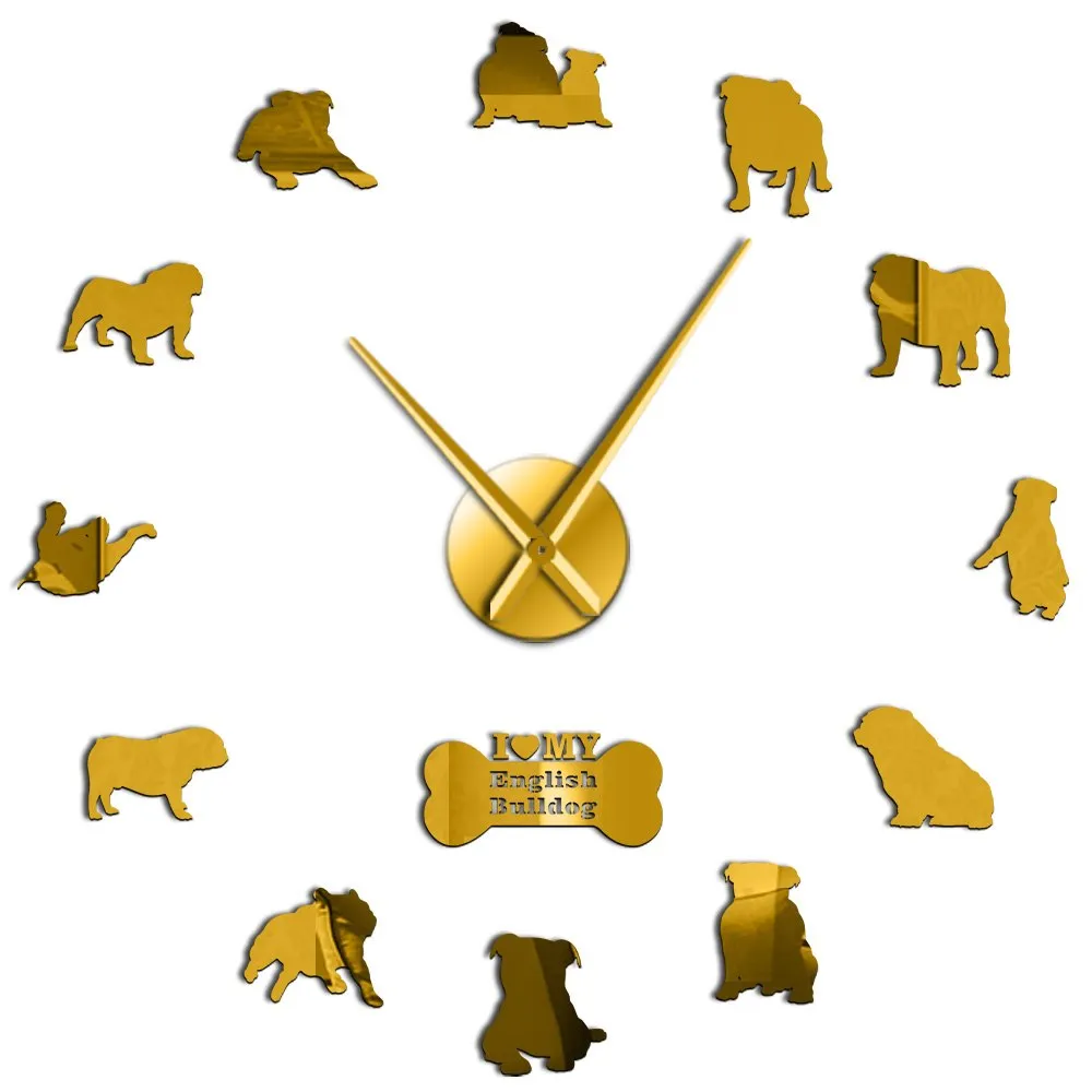 English Bulldog Home Decor Wall Clock British Bulldog Silhouettes Wall Art DIY Large Wall Clock Timepieces Big Time Wall Clock