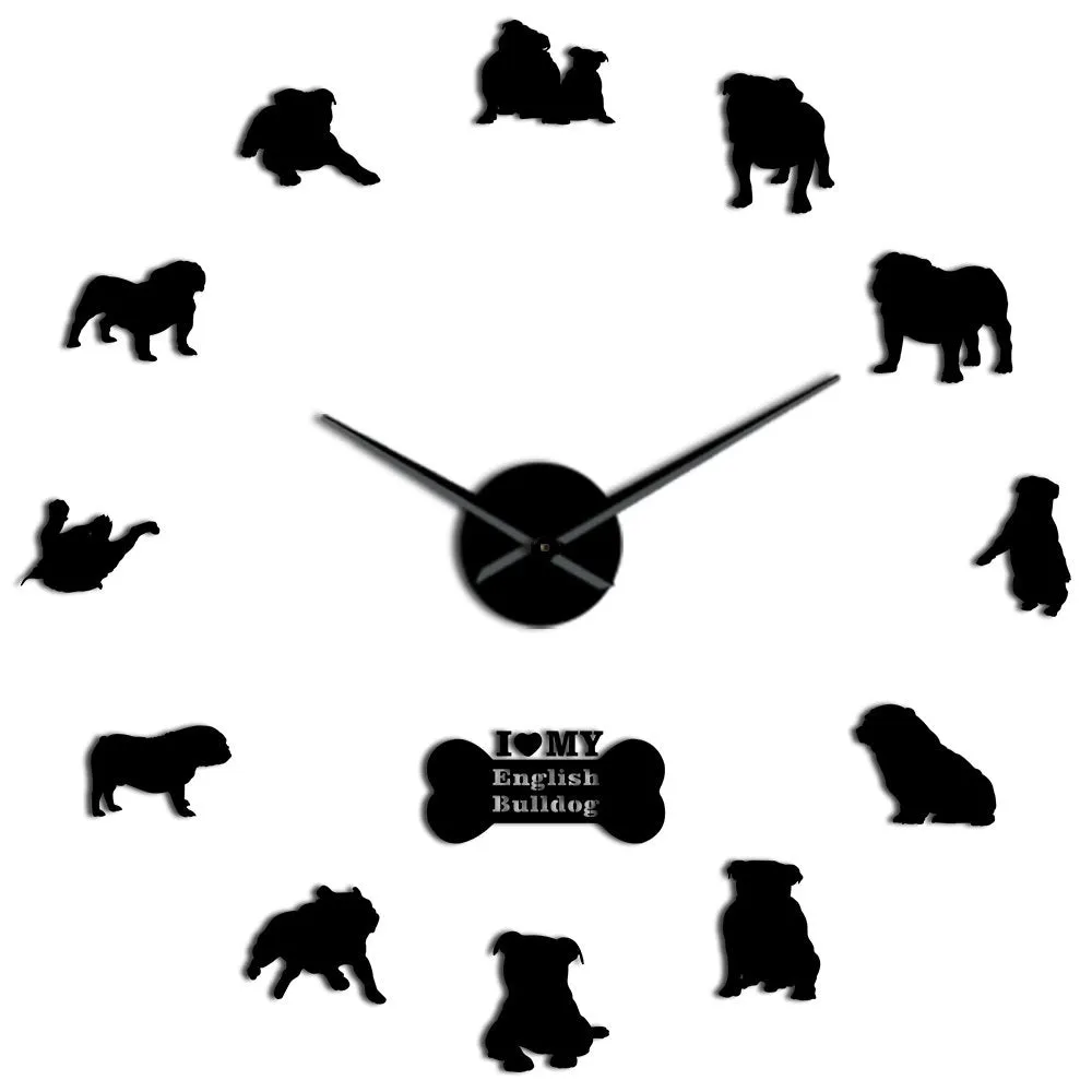 English Bulldog Home Decor Wall Clock British Bulldog Silhouettes Wall Art DIY Large Wall Clock Timepieces Big Time Wall Clock