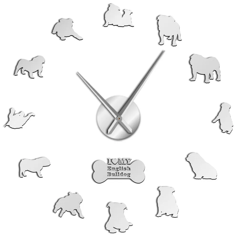 English Bulldog Home Decor Wall Clock British Bulldog Silhouettes Wall Art DIY Large Wall Clock Timepieces Big Time Wall Clock