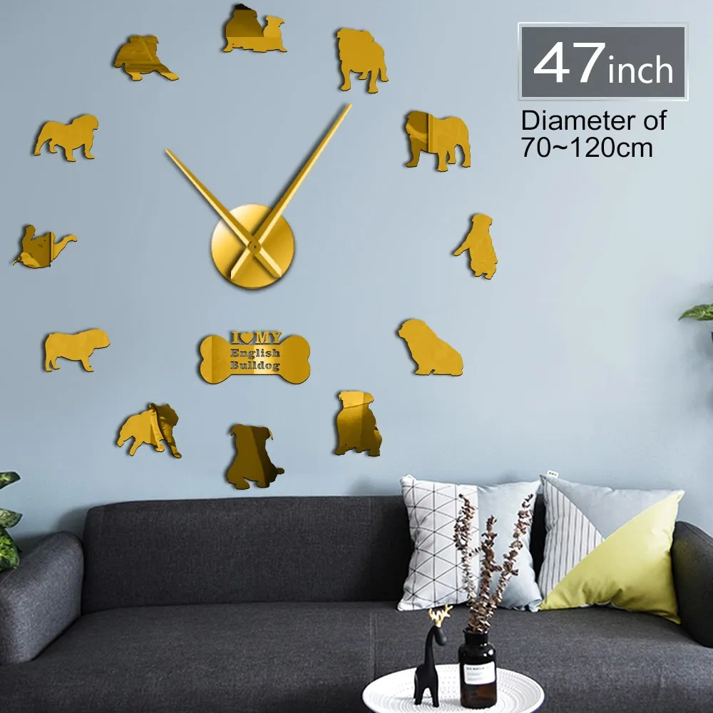 English Bulldog Home Decor Wall Clock British Bulldog Silhouettes Wall Art DIY Large Wall Clock Timepieces Big Time Wall Clock