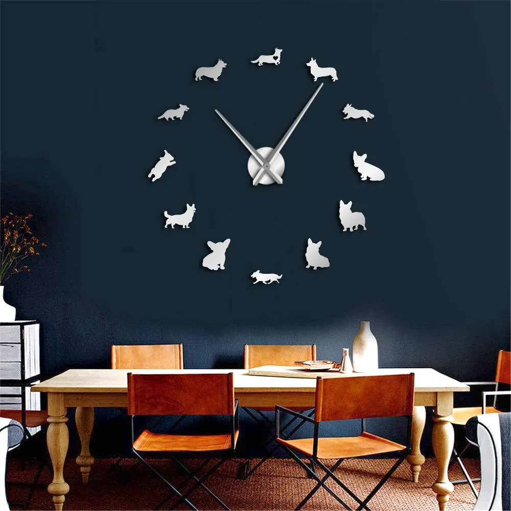English Welsh Corgi DIY Large Wall Clock Mirror Effect Frameless Puppy Dog Breeds Wall Art Pet Shop Decorative Clock Wall Watch