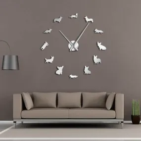 English Welsh Corgi DIY Large Wall Clock Mirror Effect Frameless Puppy Dog Breeds Wall Art Pet Shop Decorative Clock Wall Watch