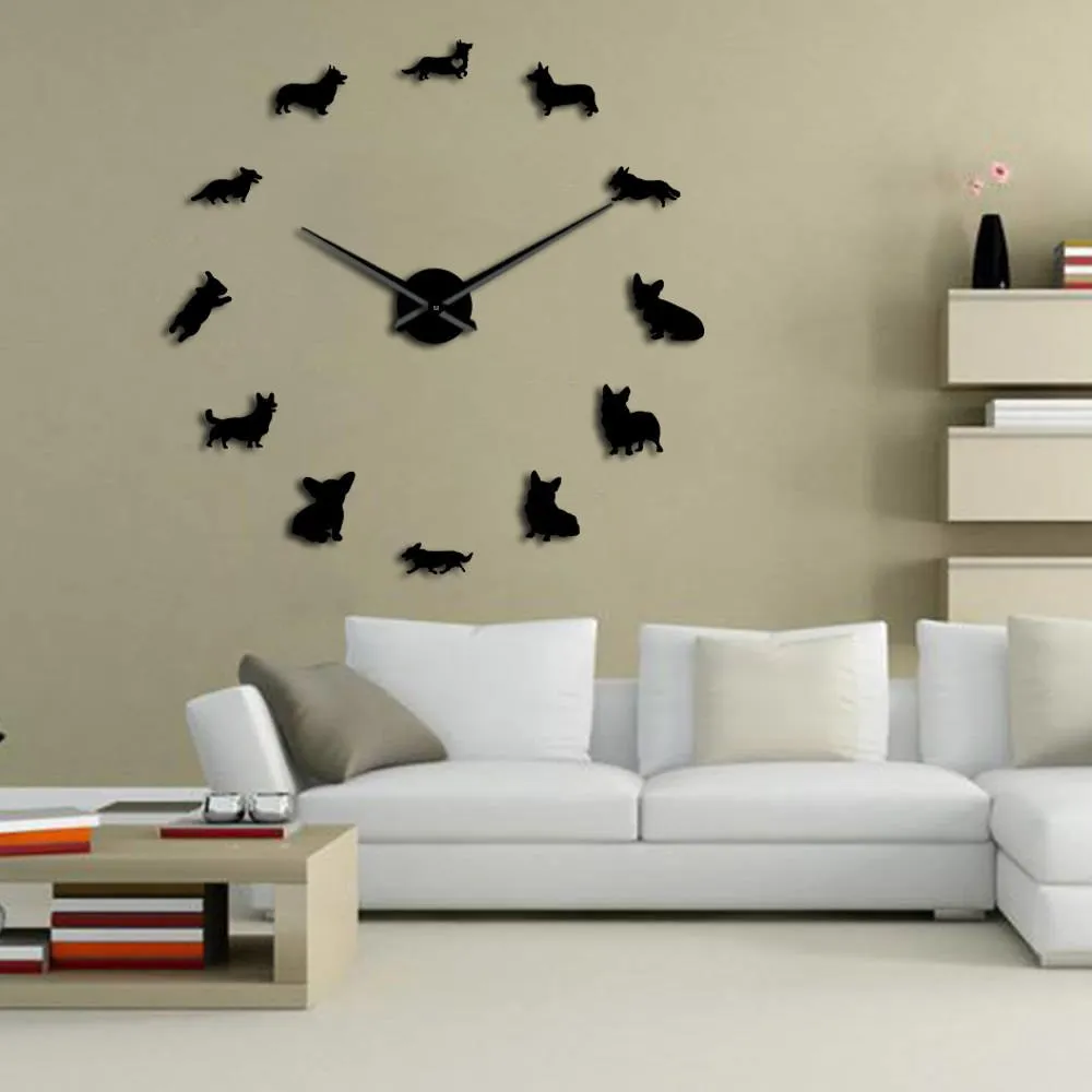 English Welsh Corgi DIY Large Wall Clock Mirror Effect Frameless Puppy Dog Breeds Wall Art Pet Shop Decorative Clock Wall Watch