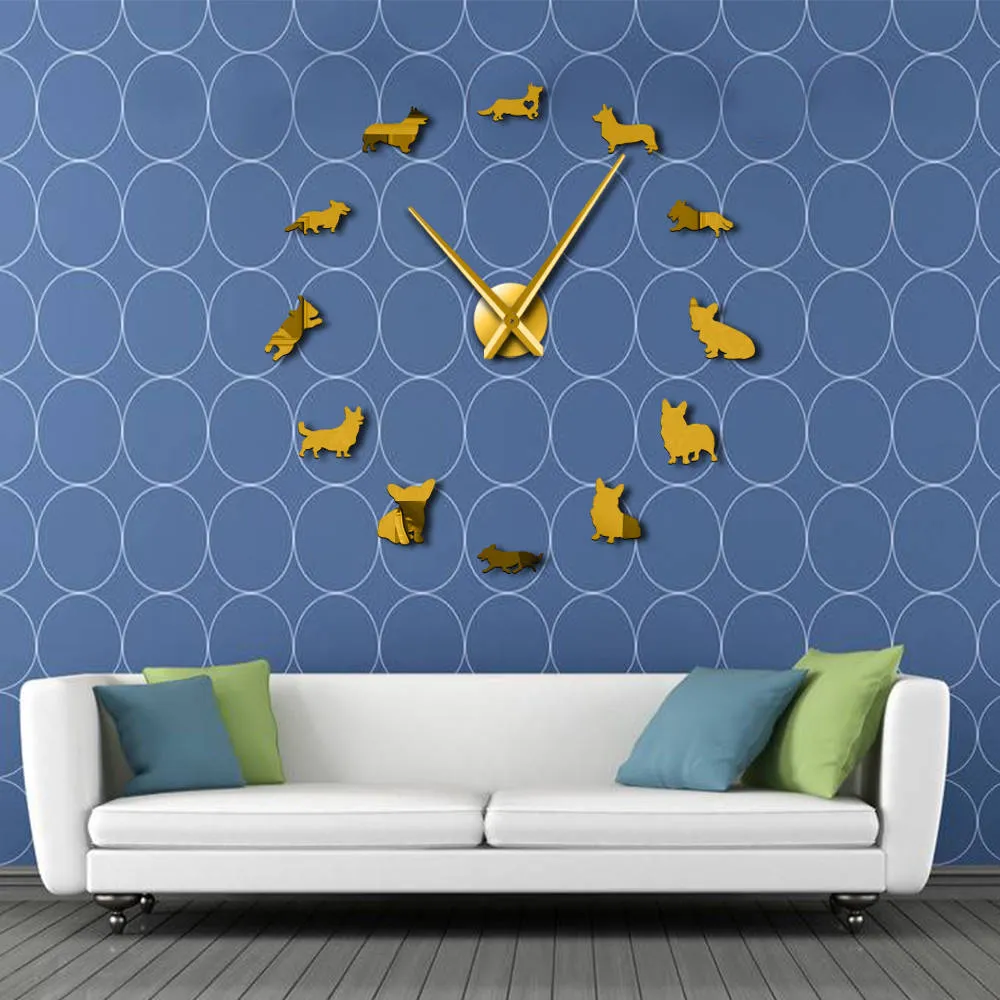 English Welsh Corgi DIY Large Wall Clock Mirror Effect Frameless Puppy Dog Breeds Wall Art Pet Shop Decorative Clock Wall Watch