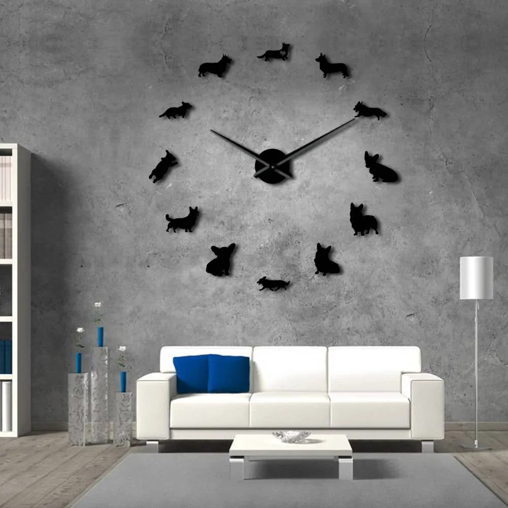 English Welsh Corgi DIY Large Wall Clock Mirror Effect Frameless Puppy Dog Breeds Wall Art Pet Shop Decorative Clock Wall Watch