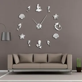 Fantasy Mermaid Wall Art DIY Large Wall Clock Under The Sea Party Favor Frameless Oversized Wall Clock Ocean Beach House Decor