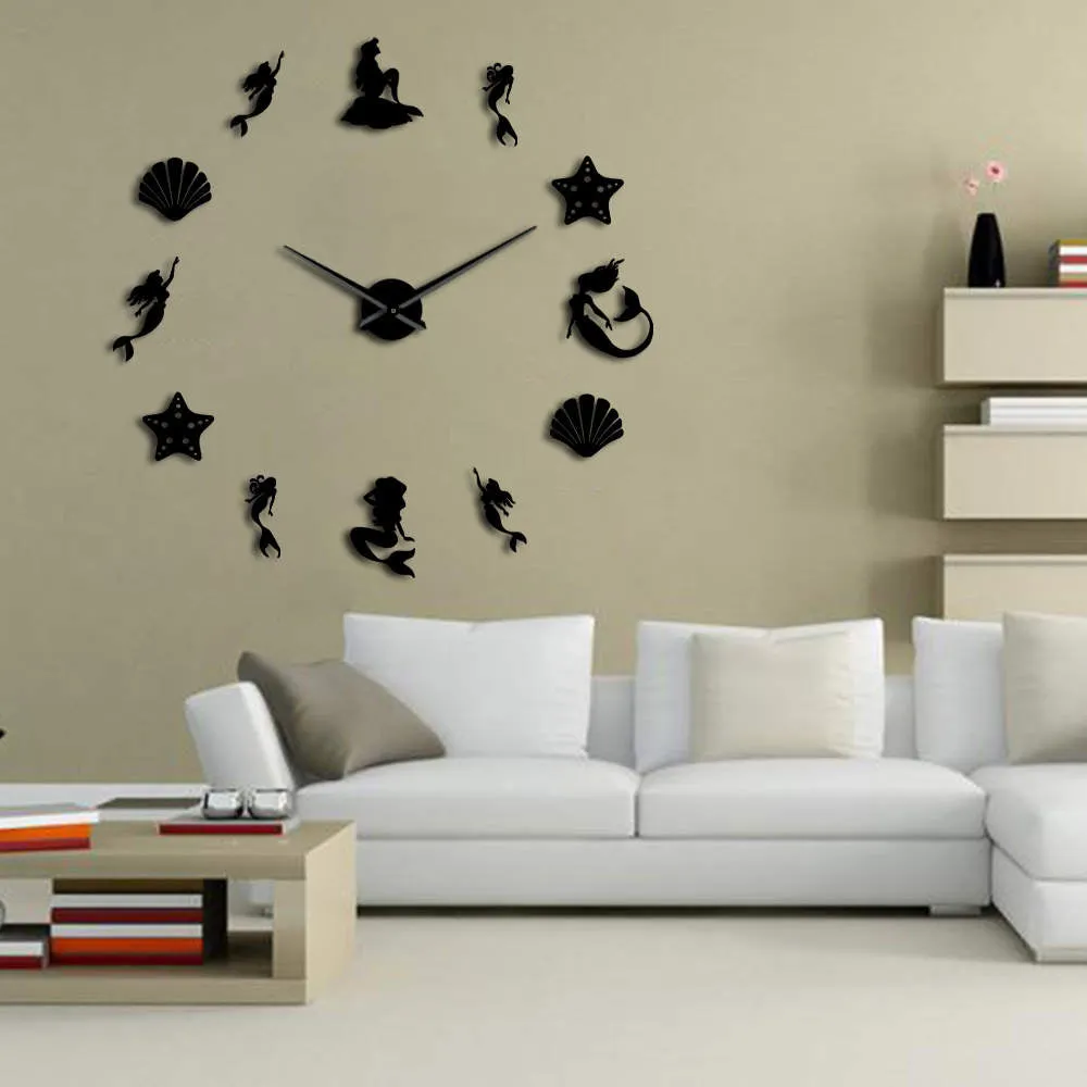 Fantasy Mermaid Wall Art DIY Large Wall Clock Under The Sea Party Favor Frameless Oversized Wall Clock Ocean Beach House Decor