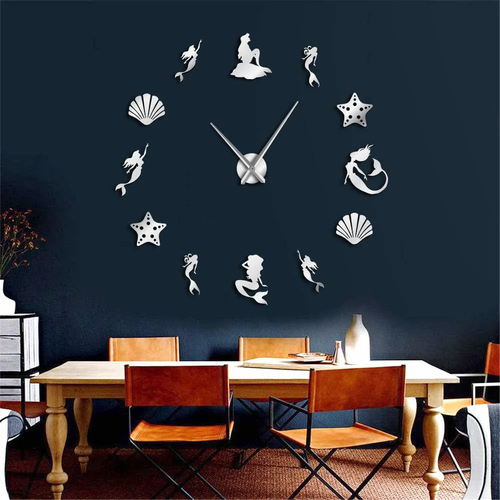 Fantasy Mermaid Wall Art DIY Large Wall Clock Under The Sea Party Favor Frameless Oversized Wall Clock Ocean Beach House Decor