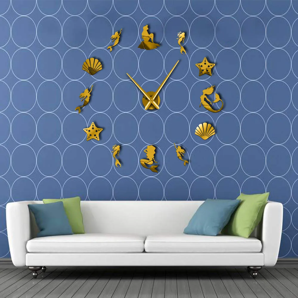 Fantasy Mermaid Wall Art DIY Large Wall Clock Under The Sea Party Favor Frameless Oversized Wall Clock Ocean Beach House Decor