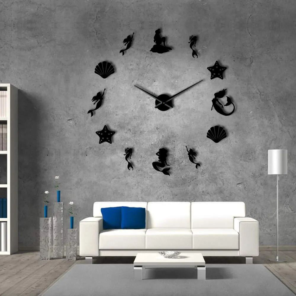 Fantasy Mermaid Wall Art DIY Large Wall Clock Under The Sea Party Favor Frameless Oversized Wall Clock Ocean Beach House Decor