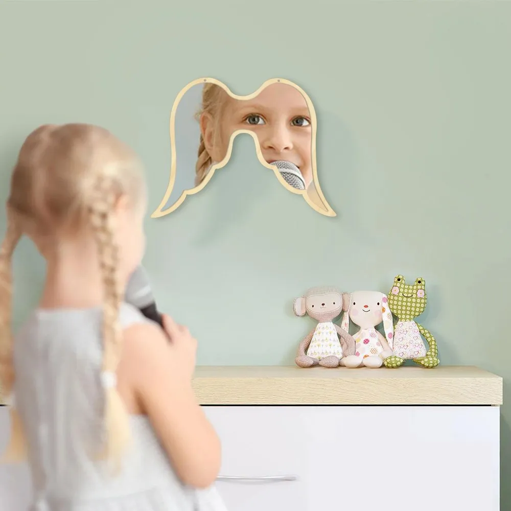 Fantasy Open Angel Wing Wall Mirror Decorative Home Ornament Children Baby Room Nursery Safety Acylic Mirror With Wooden Back