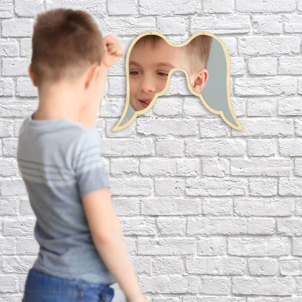 Fantasy Open Angel Wing Wall Mirror  Home Ornament Children Baby Room Nursery Safety Acylic Mirror With Wooden Back