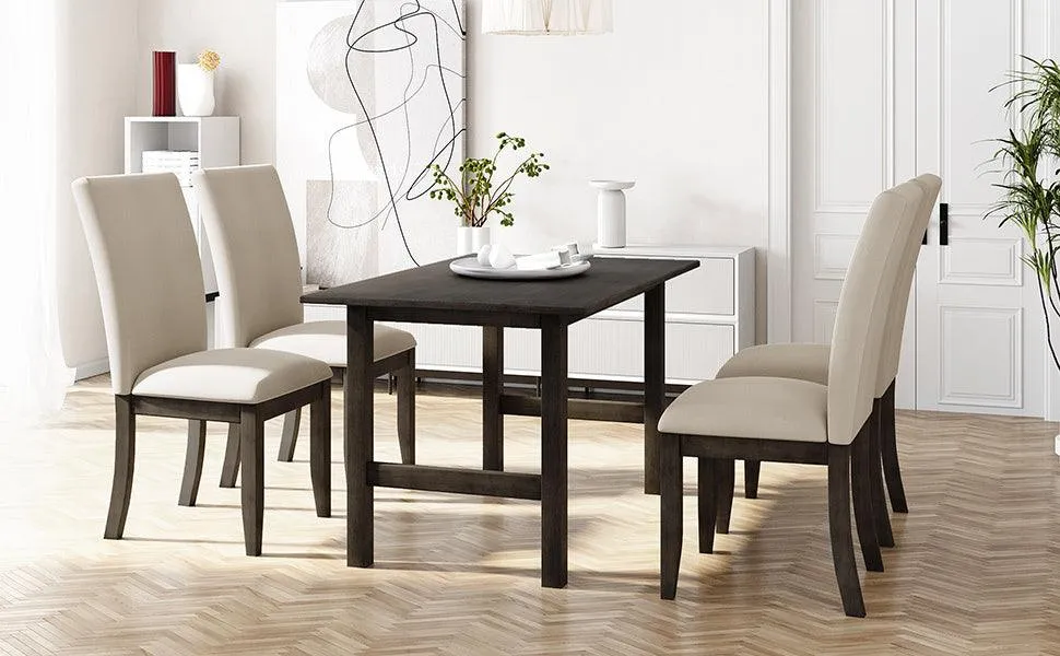 Farmhouse 5-Piece Wood Dining Table Set for 4, Kitchen Furniture Set with 4 Upholstered Dining Chairs for Small Places, Gray Table Beige Chair