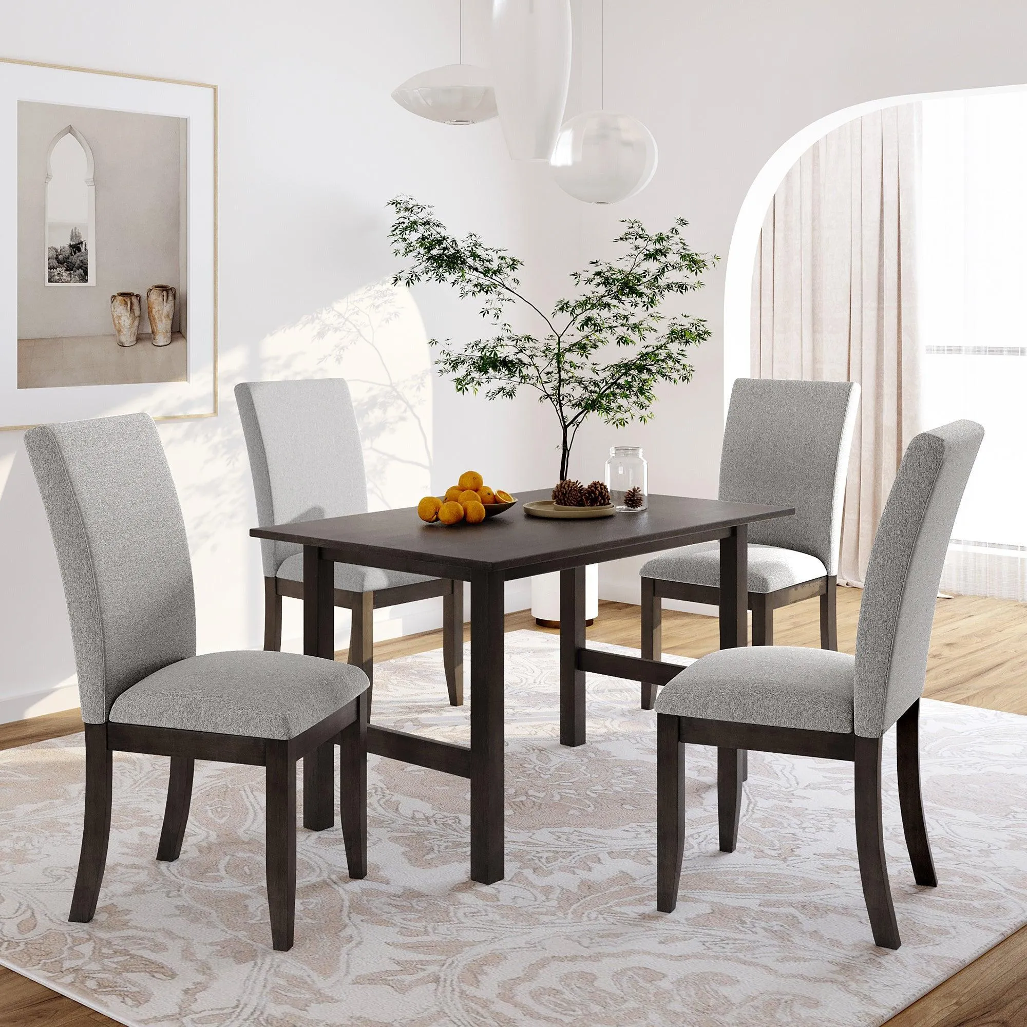 Farmhouse 5-Piece Wood Dining Table Set for 4, Kitchen Furniture Set with 4 Upholstered Dining Chairs for Small Places, Gray Table Gray Chair