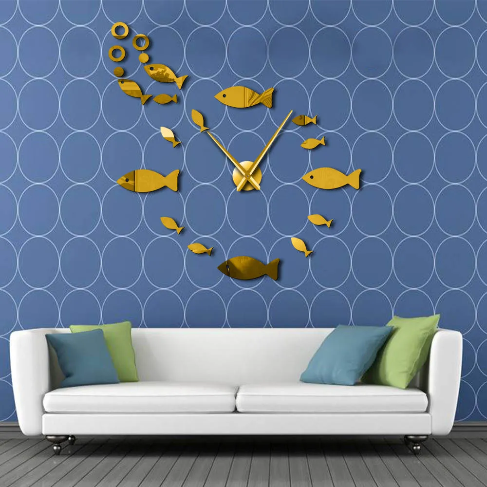 Fish With Bubble DIY Giant Wall Clock Mirror Effect Wall Art Home Decor Aquarium Decoration Frameless Big Needle Clock Watch