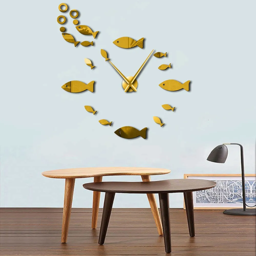 Fish With Bubble DIY Giant Wall Clock Mirror Effect Wall Art Home Decor Aquarium Decoration Frameless Big Needle Clock Watch