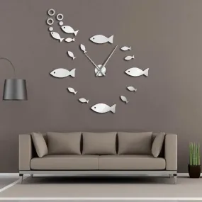 Fish With Bubble DIY Giant Wall Clock Mirror Effect Wall Art Home Decor Aquarium Decoration Frameless Big Needle Clock Watch