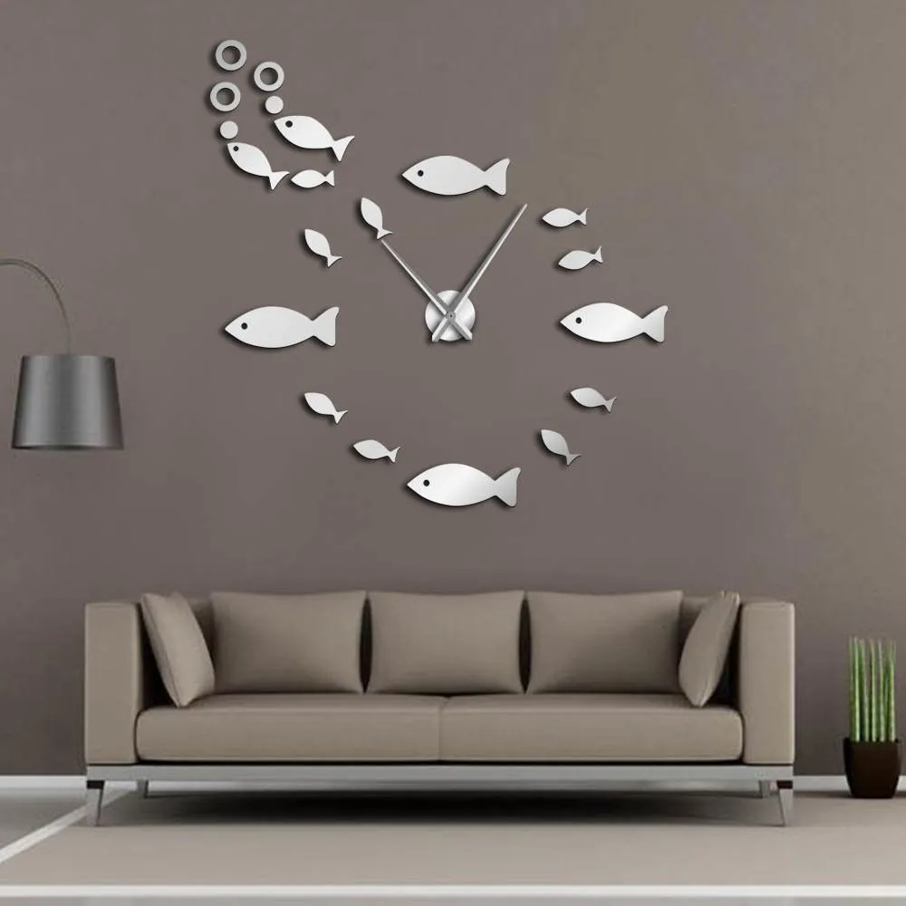 Fish With Bubble DIY Giant Wall Clock Mirror Effect Wall Art Home Decor Aquarium Decoration Frameless Big Needle Clock Watch