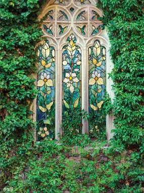 Floral Stained Glass Window with Ivy Backdrop
