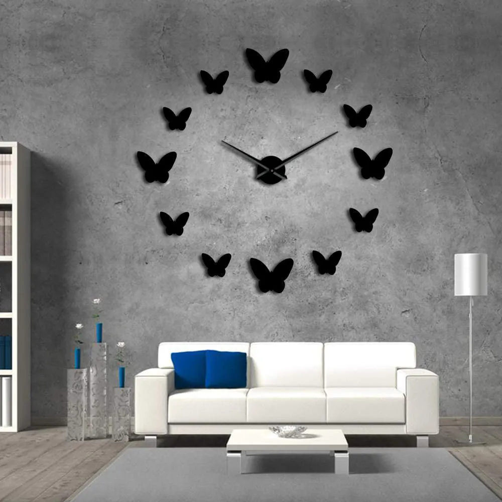 Frameless DIY Wall Clock 3D Mirror Butterflies Wall Watch Large Wall Clock For Living Room Bedroom Home Decor Big Time Clock