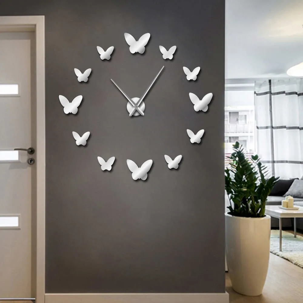 Frameless DIY Wall Clock 3D Mirror Butterflies Wall Watch Large Wall Clock For Living Room Bedroom Home Decor Big Time Clock