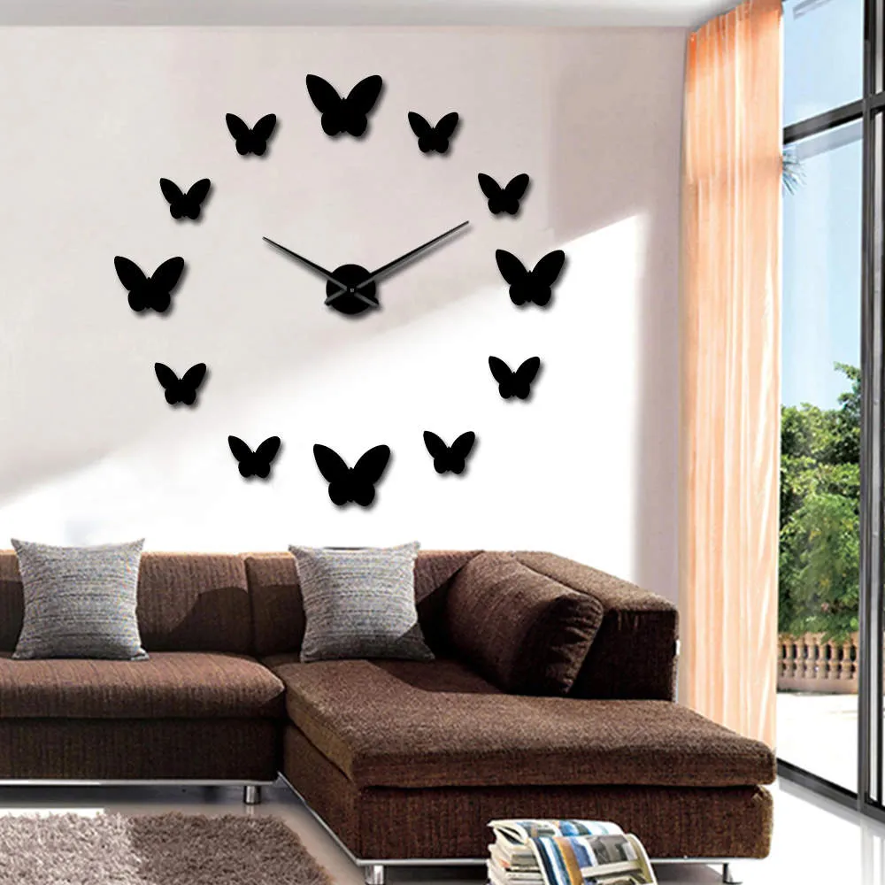 Frameless DIY Wall Clock 3D Mirror Butterflies Wall Watch Large Wall Clock For Living Room Bedroom Home Decor Big Time Clock