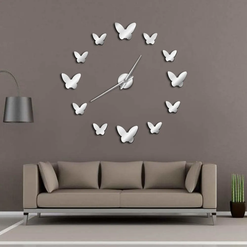 Frameless DIY Wall Clock 3D Mirror Butterflies Wall Watch Large Wall Clock For Living Room Bedroom Home Decor Big Time Clock