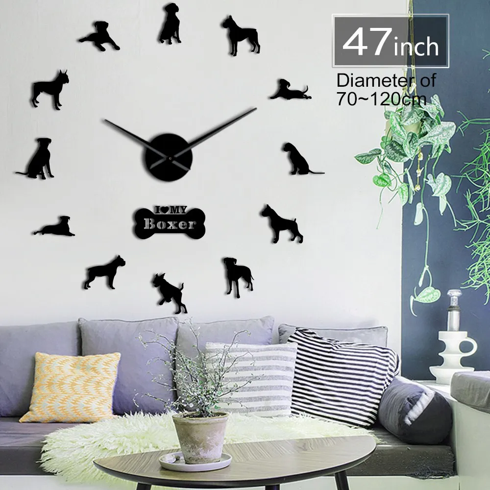 German Boxer Dog Contemporary Oversized Wall Clock DIY Big Needle Time Clock Frameless Deutscher Boxer Large Wall Art Decoration