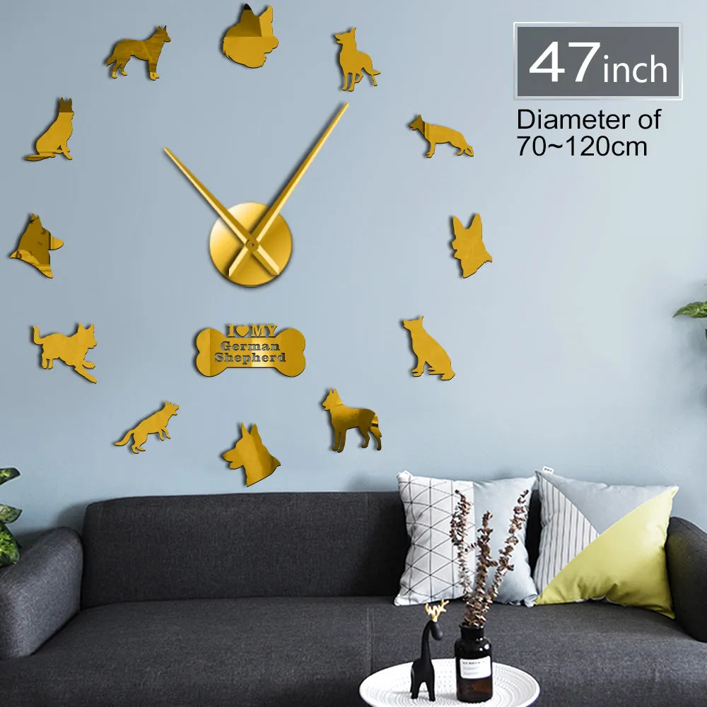 German Shepherd DIY Wall Clock Deutscher Schferhund Giant Wall Clock With Big Needles Mirror Effect Alsatian Wolf Dog Wall Art