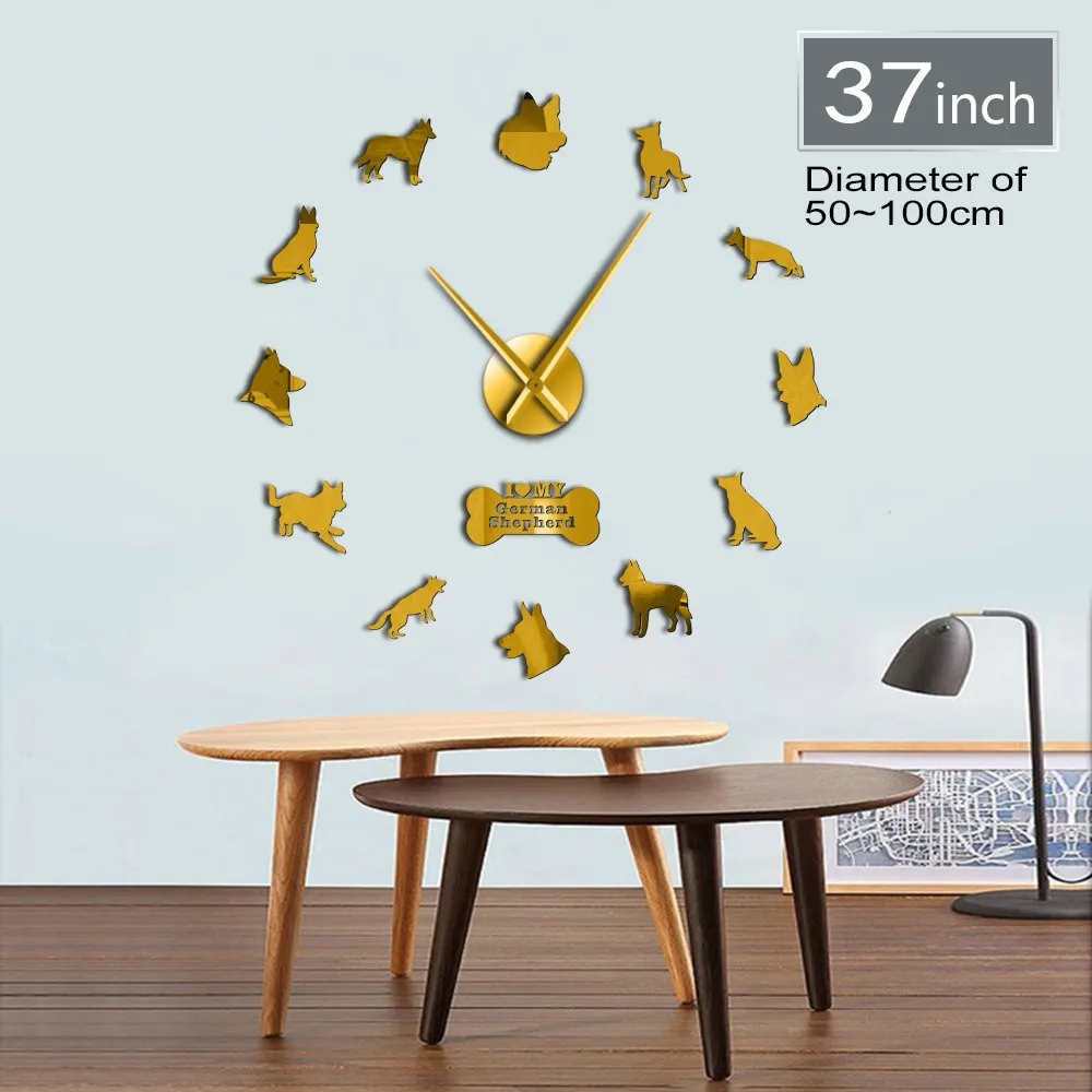 German Shepherd DIY Wall Clock Deutscher Schferhund Giant Wall Clock With Big Needles Mirror Effect Alsatian Wolf Dog Wall Art