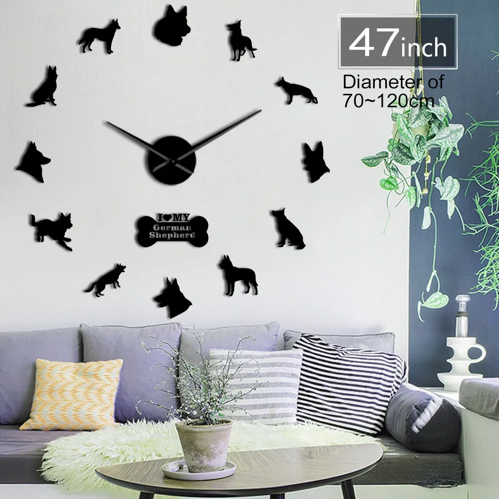 German Shepherd DIY Wall Clock Deutscher Schferhund Giant Wall Clock With Big Needles Mirror Effect Alsatian Wolf Dog Wall Art