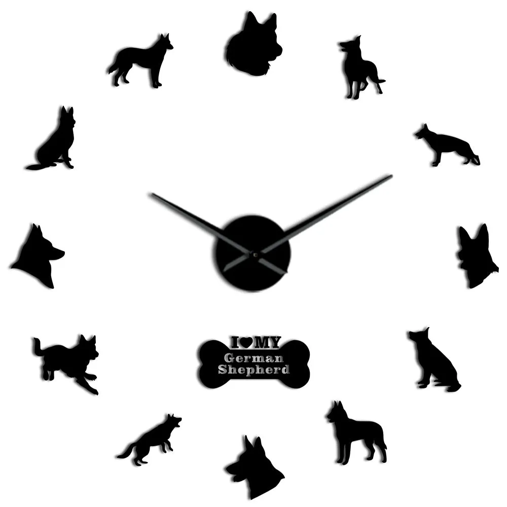 German Shepherd DIY Wall Clock Deutscher Schferhund Giant Wall Clock With Big Needles Mirror Effect Alsatian Wolf Dog Wall Art
