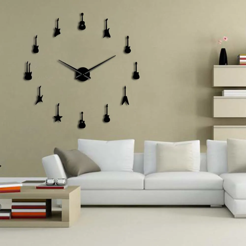 Guitar Variety Music DIY Giant Wall Clock Music Room Decor Frameless Big Needles Large Wall Clock Rock n Roll Guitar Wall Watch
