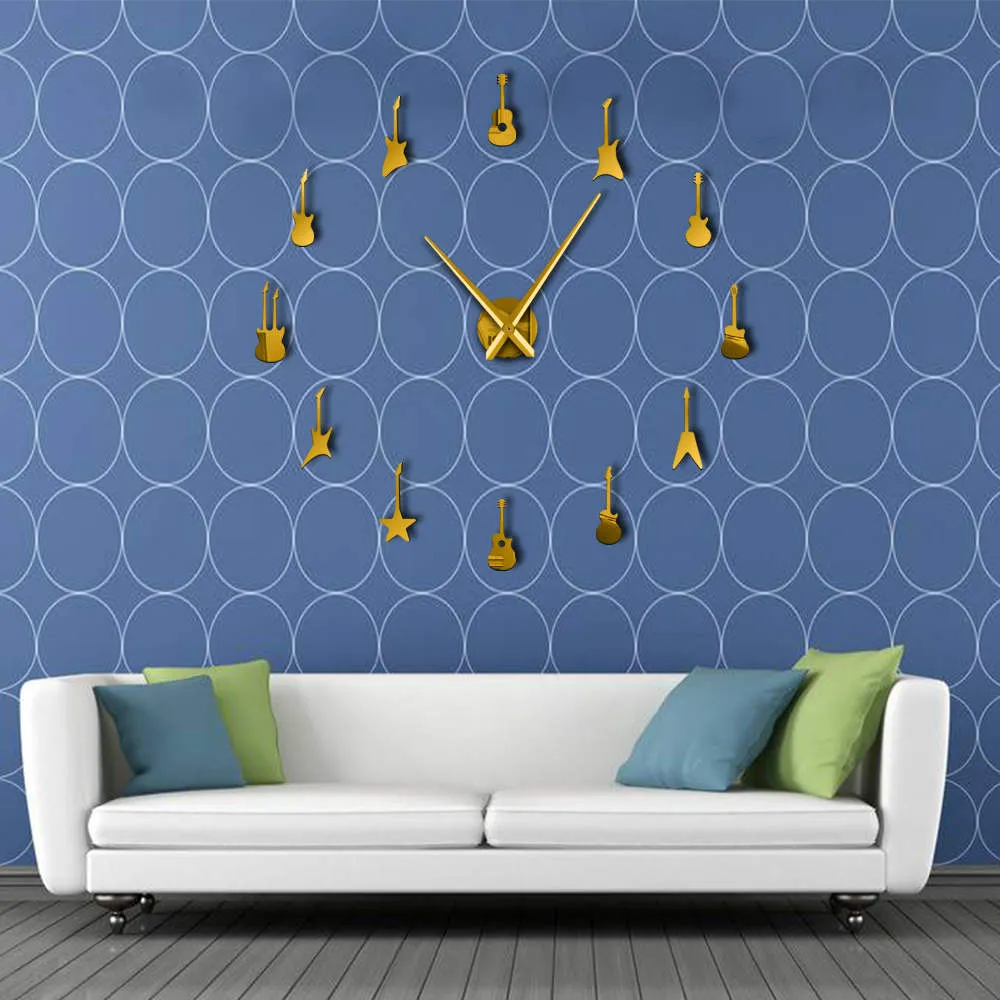 Guitar Variety Music DIY Giant Wall Clock Music Room Decor Frameless Big Needles Large Wall Clock Rock n Roll Guitar Wall Watch
