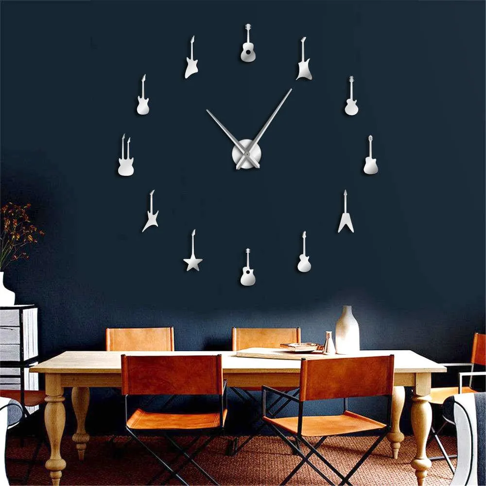 Guitar Variety Music DIY Giant Wall Clock Music Room Decor Frameless Big Needles Large Wall Clock Rock n Roll Guitar Wall Watch