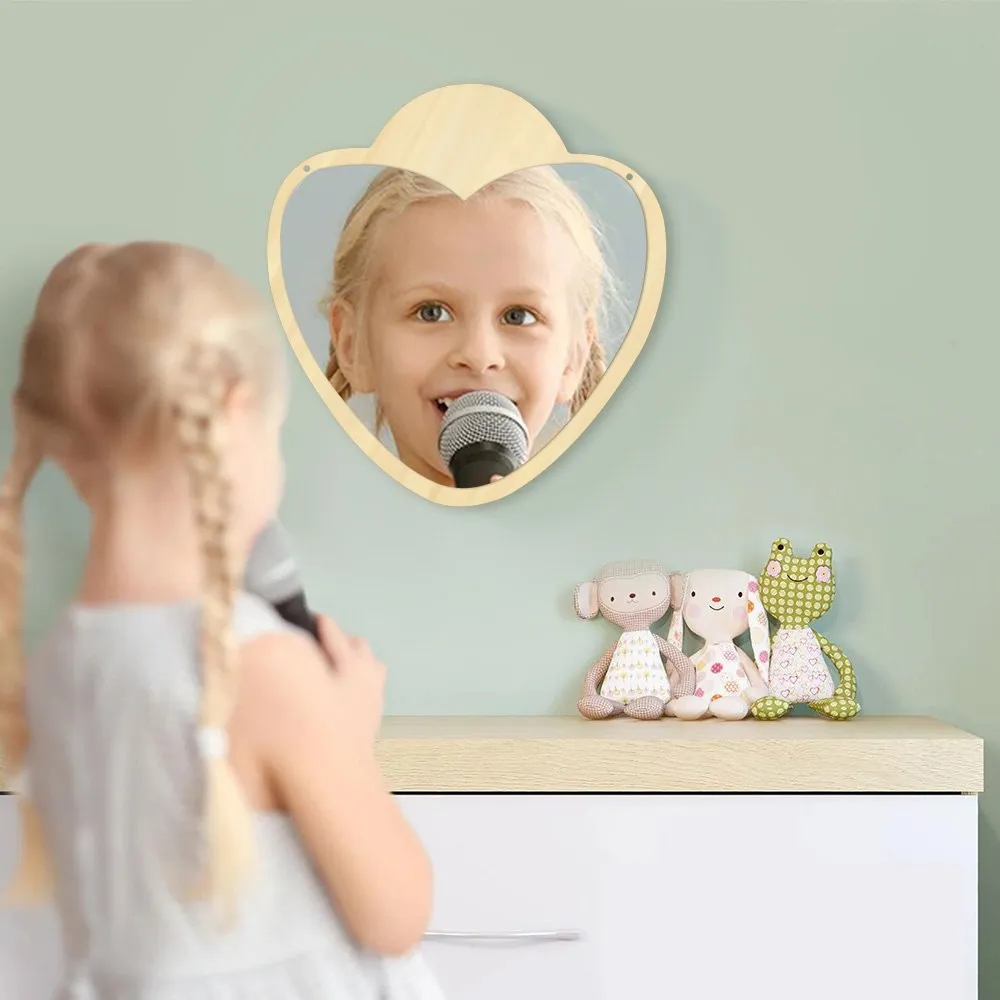 Heart Shaped Acrylic Wall Mirror with Wooden Back Girl Room Decoration Make-up Wall Mirror Valentines Day Gift For Her