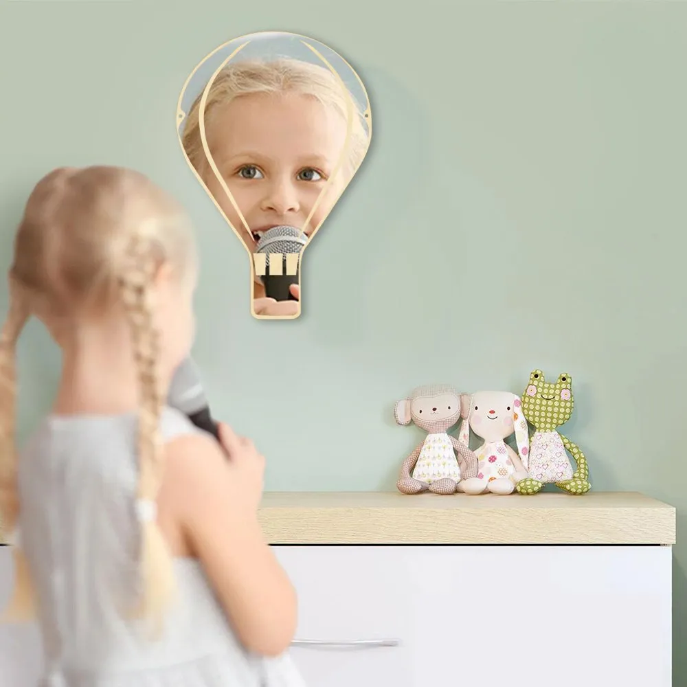 Hot Air Balloon Arylic Wall Mirror With Wooden Back Home Decor Kids Bedroom Hot Air Balloon Decoration Hanging Safety Mirror