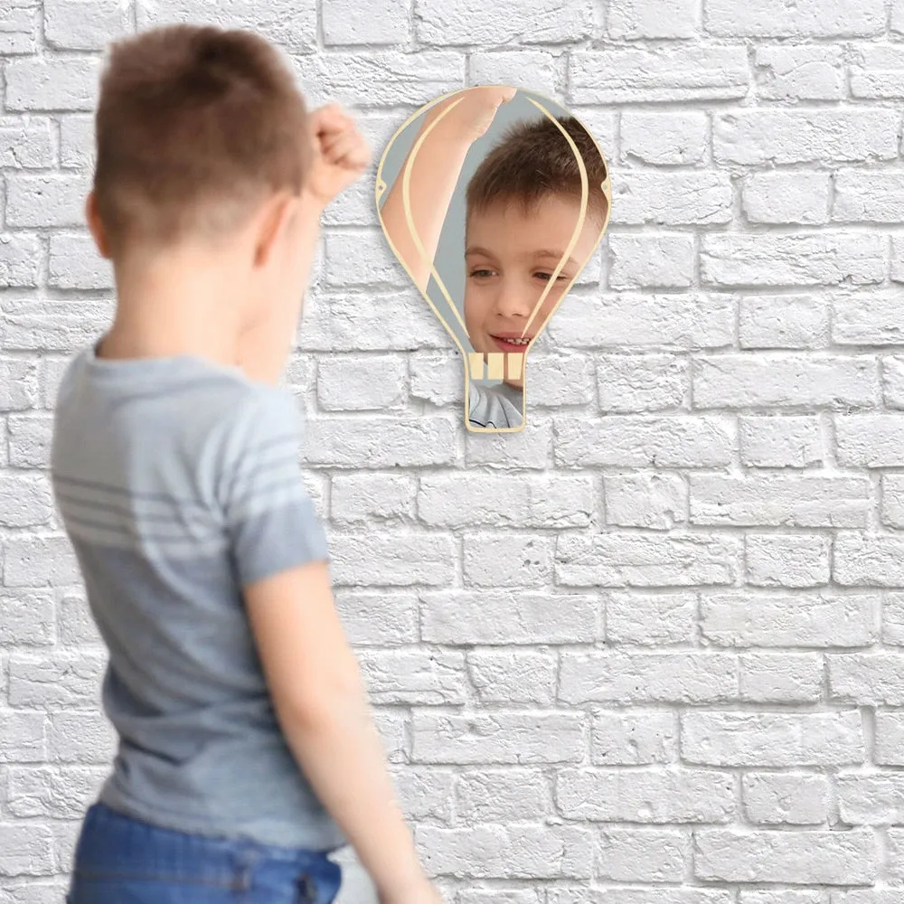 Hot Air Balloon Arylic Wall Mirror With Wooden Back  Kids Bedroom Hot Air Balloon Decoration Hanging Safety Mirror