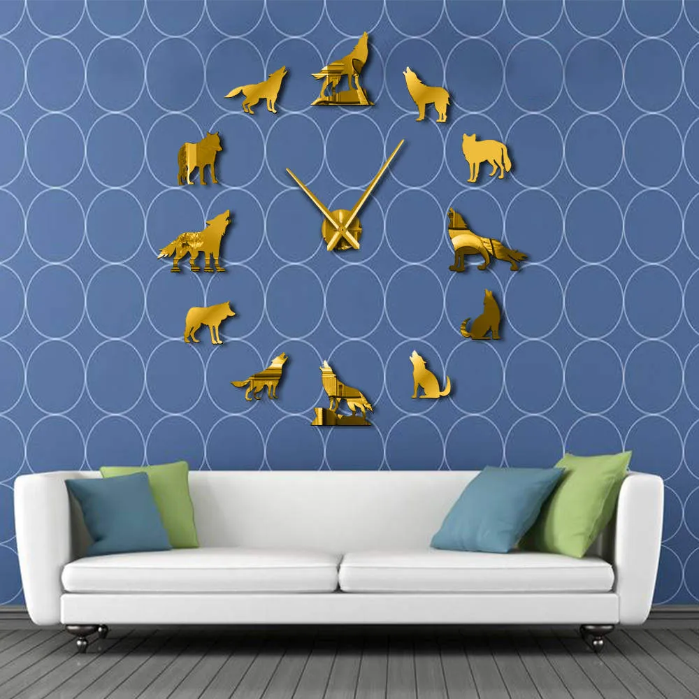 Howling Wolf DIY Large Wall Clock Different Wolf Pose Frameless Wall Watch Clock Home Decor Modern Design Wolf Admirers Gift
