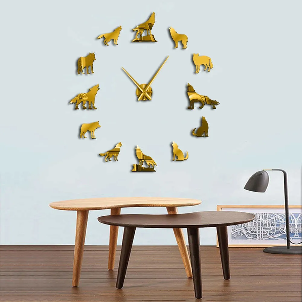 Howling Wolf DIY Large Wall Clock Different Wolf Pose Frameless Wall Watch Clock Home Decor Modern Design Wolf Admirers Gift
