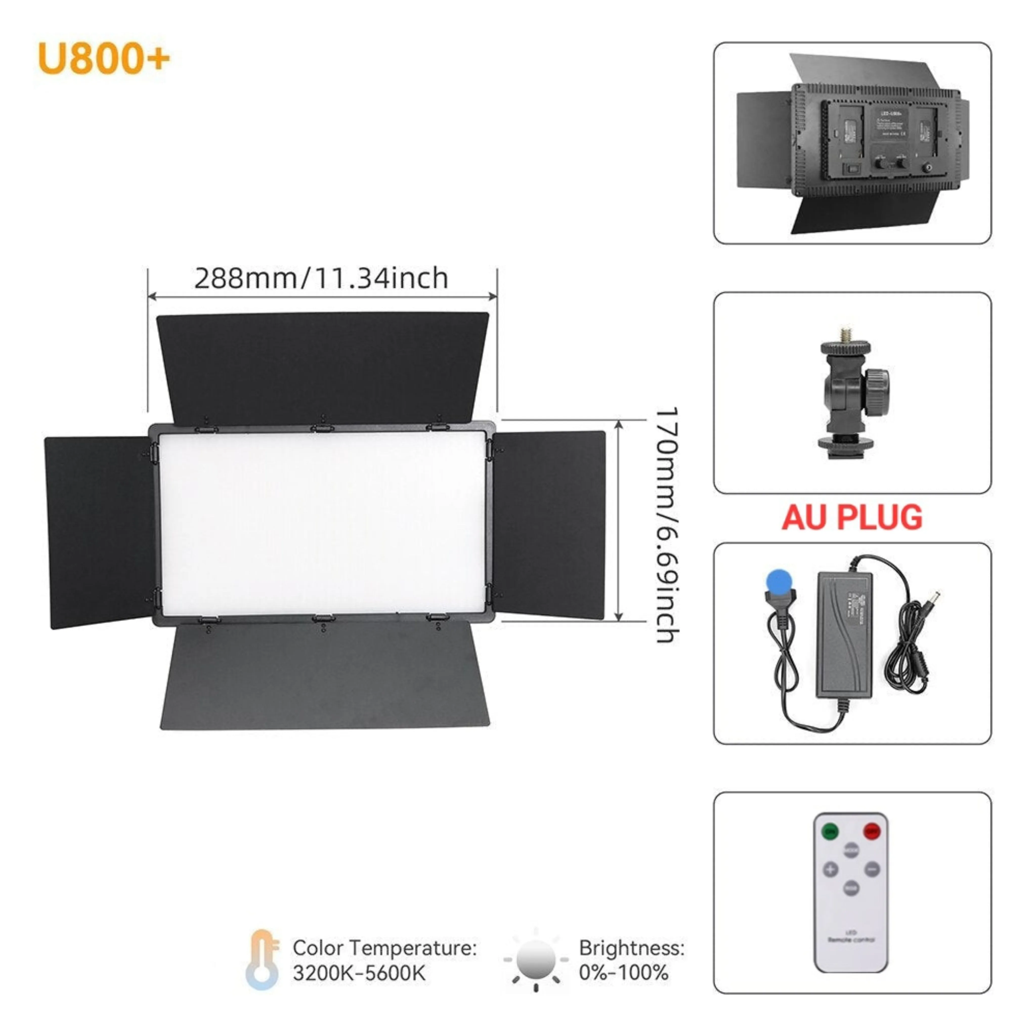 Hridz U800 LED Video Light Photo Studio Lamp AU Plug Photography Panel Lighting