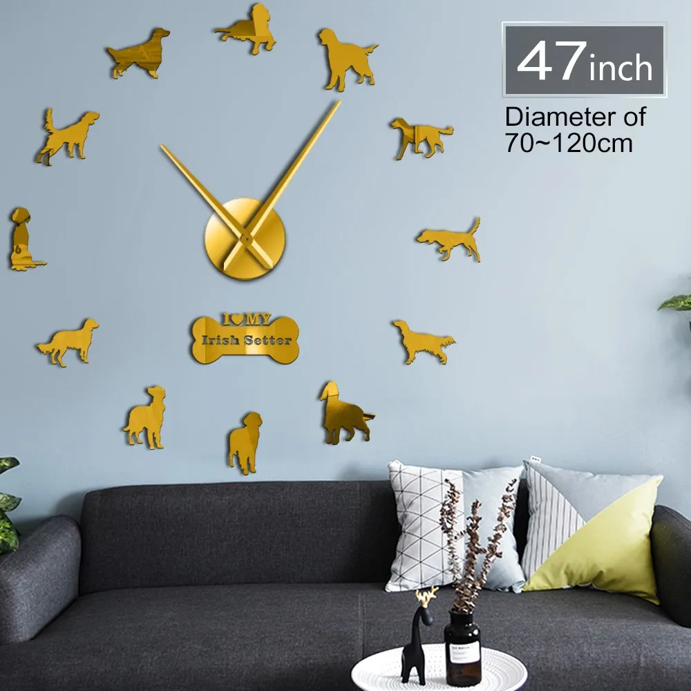 Irish Setter DIY Giant Wall Clock Gundog Dog Breed Frameless Wall Art Clock Red Setter Decorative Big Wall Watch Pet Store Decor
