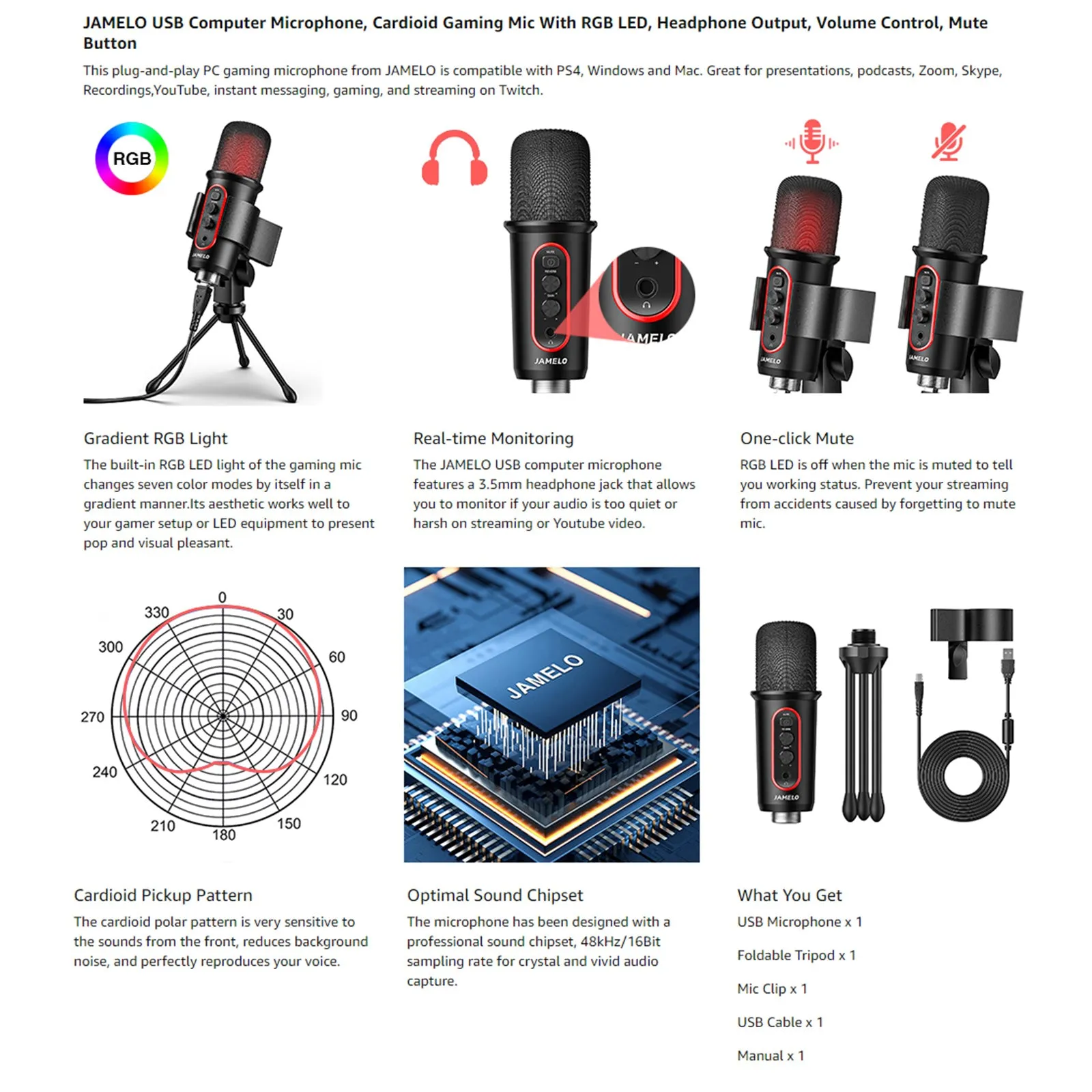JAMELO Condenser Microphone Computer Gaming USB Mic Stand for Studio Record