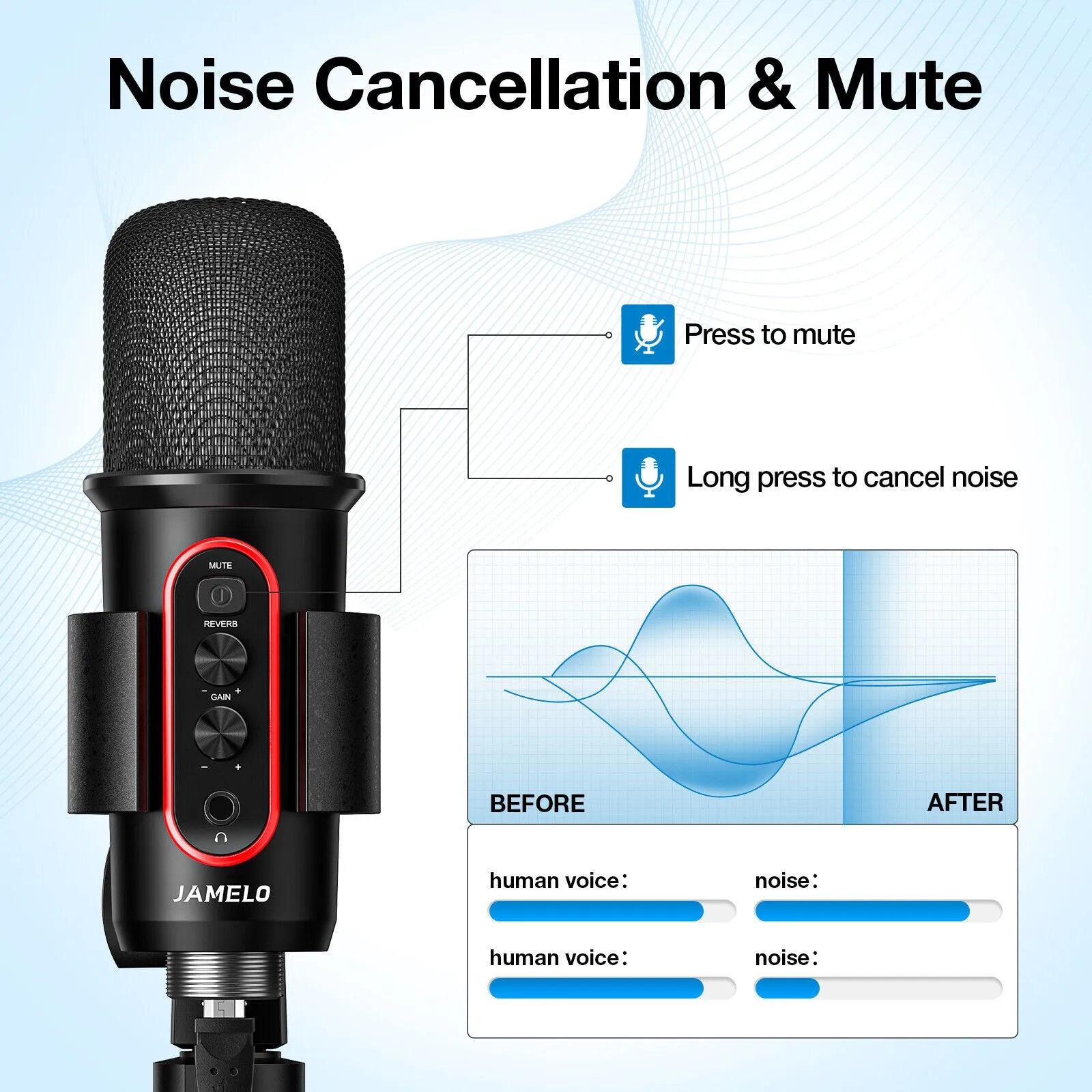 JAMELO Condenser Microphone Computer Gaming USB Mic Stand for Studio Record