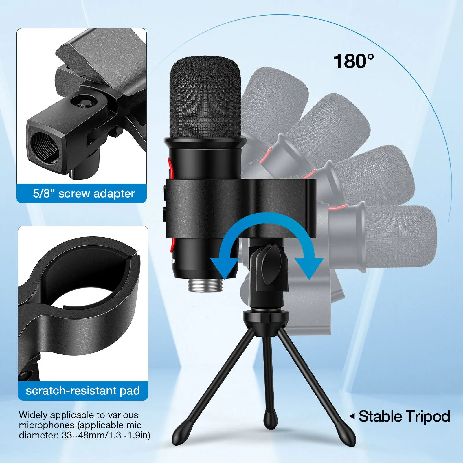 JAMELO Condenser Microphone Computer Gaming USB Mic Stand for Studio Record