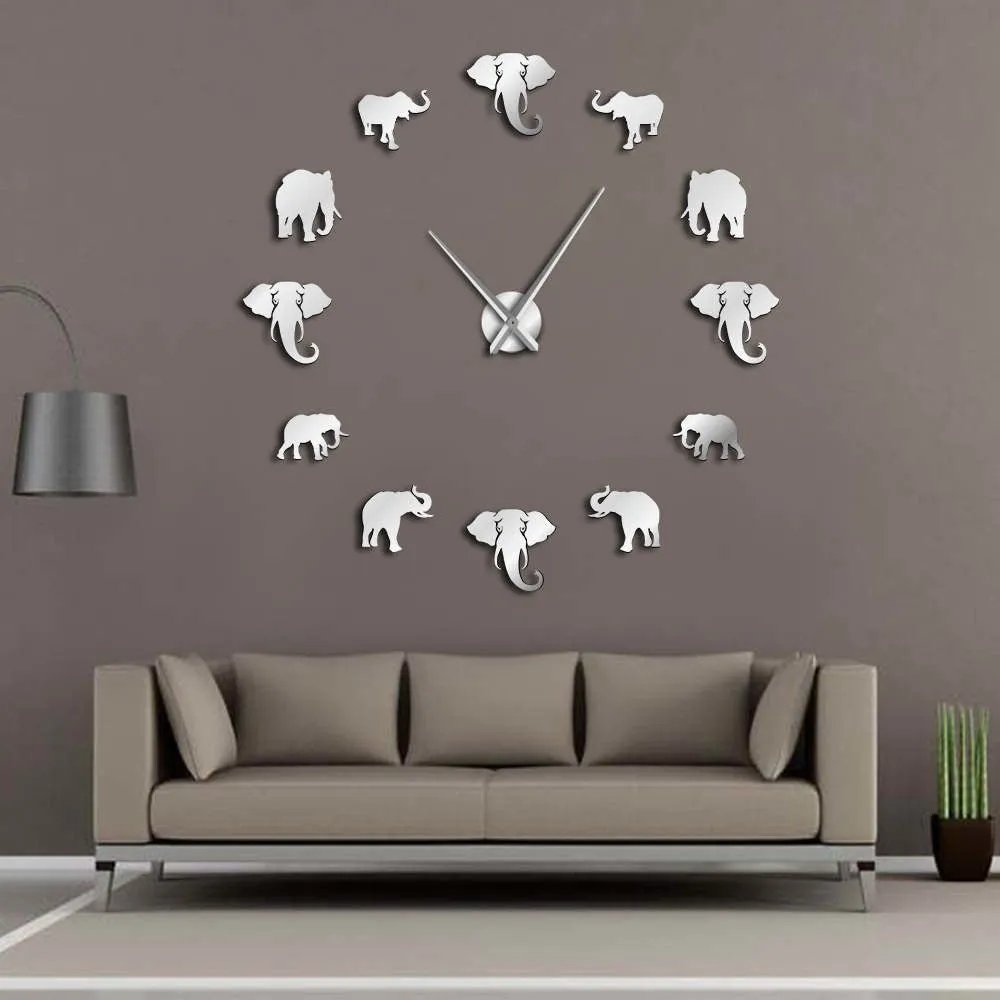 Jungle Animals Elephant DIY Large Wall Clock Home Decor Modern Design Mirror Effect Giant Frameless Elephants DIY Clock Watch